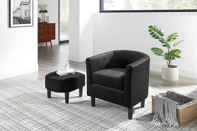 Modern Accent ChairUpholstered Arm Chair Linen Corduroy Single Sofa Chair with Ottoman Foot Rest Comfy Armchair for Living Room Bedroom and OfficeBlack