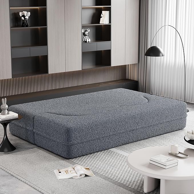 Floor Sofa Futon Cloud Couch Convertible Sofa Bed with 2 Pillows Teddy Fabric Foam-Filled Loveseat Sleeper Sofa Couches for Living Room 15 Full Size Folding Mattress No Assembly Required(Grey)