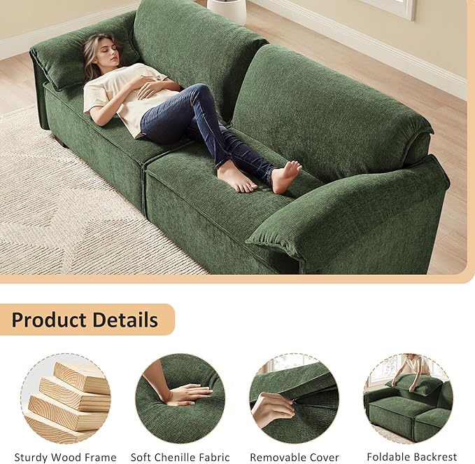 VANOMi 92.9 Sofa Couch for Living Room Modern Comfy 3-Seater Cloud Sofas Chenille Small Couches for Small Spaces Upholstered Deep Seat Couch for Bedroom Apartment (Green)