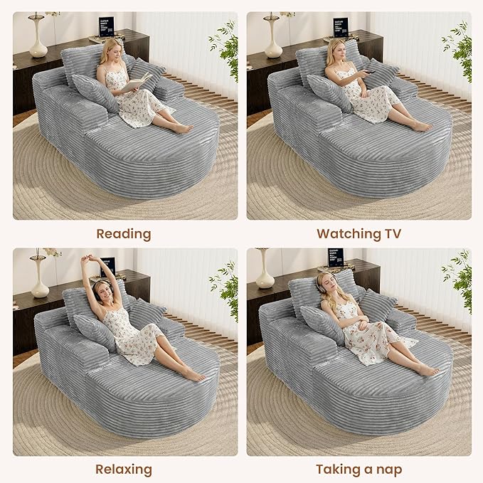 Luxury Oversized D-Shape Couch Corduroy Recliner Sofa Chair No Assembly Required 67 Zero Gravity Lounge Chair Deep Seat for Living Room Bedroom Includes 3 Pillows Gray