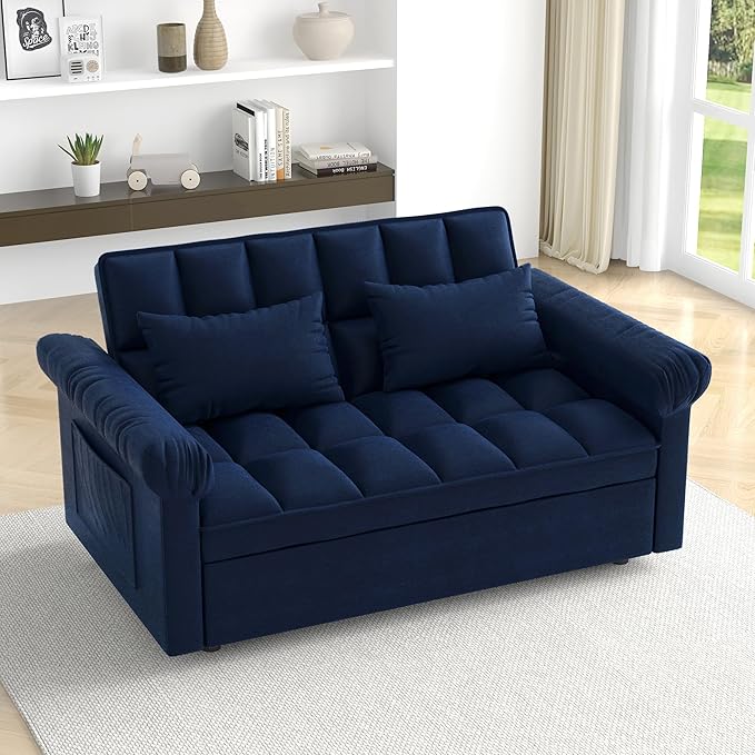 Modern Loveseat Sleeper Sofa with Pull-Out Bed &amp Adjustable Backrest Convertible Sofa Bed with Strong Wood Frame for Small Space Living Room Guest Room Easy Assembly (Blue85)