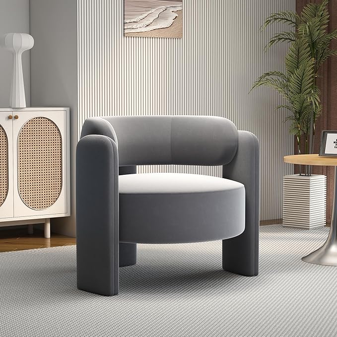 NOBPEINT Mid Century Modern Accent Barrel Chair Round Upholstered Leisure Armchair with Open Back for Living Room Bedroom Apartment Gray