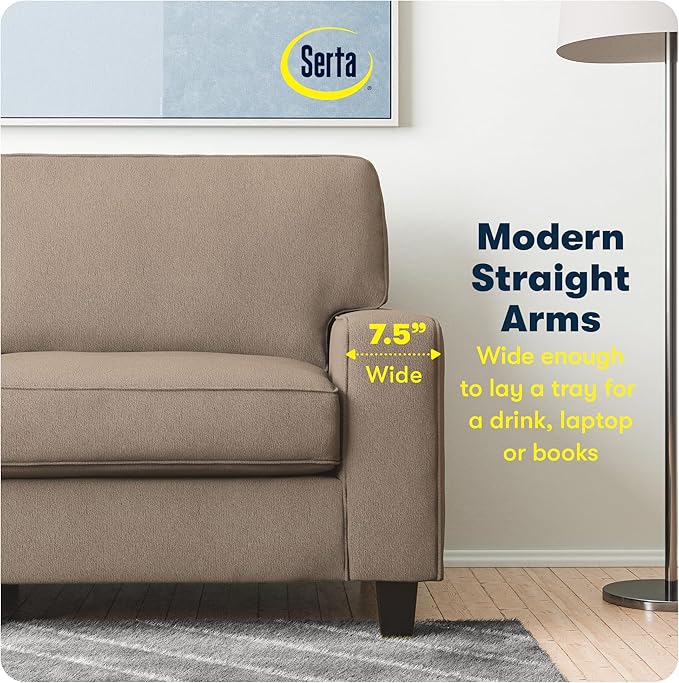 Serta Palisades 78 Track Arm Sofa Easy Care Polyester Soft Pillow Back Pocket Coil Seat Cushions Removable Covers Loveseat or Couch for Small Spaces Living Rooms or Bedrooms Tan