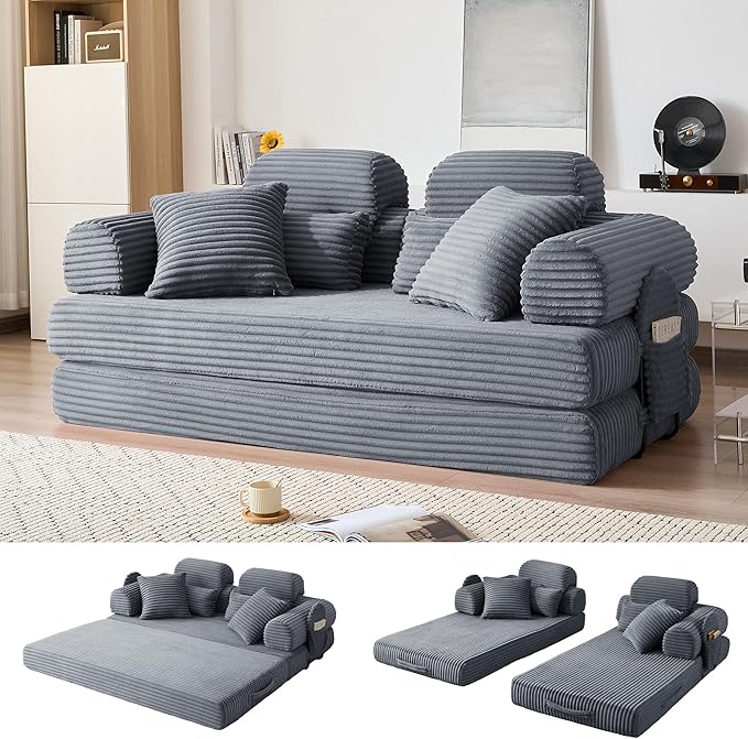 79'' High Backrest 5 in 1 Convertible Sofa Bed Modular Corduroy Couch with Fixed Frame &amp Removable Armrests No Assembly Floor Sleeper Sofa for Modern Living (High Backrest Dark Gray) | Convertib
