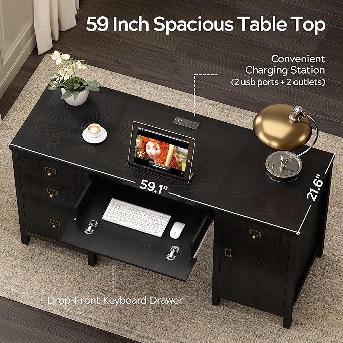 59 Executive Desk with File Drawers Cabinet Modern Computer Desk with Charging Station Keyboard Tray Large Home Office Desk Farmhouse Wood Desk for Study Writing Black