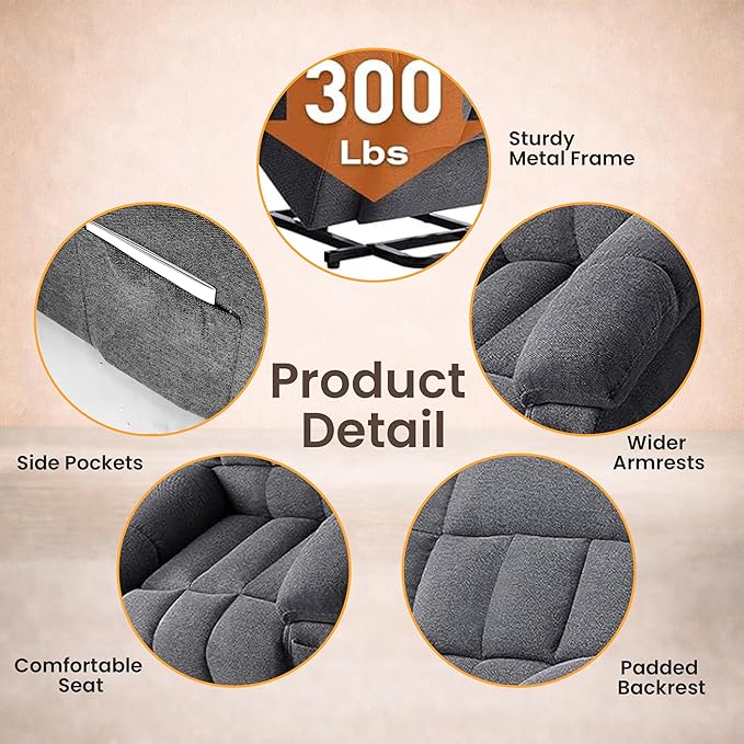 HealSmart Power Lift Recliner Chair with Massage &amp Heat Overstuffed Fabric Reclining Chair with Remote Side Pockets for Living Room &amp Bedroom Grey