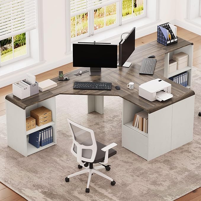 60 L Shaped Desk with File Drawer Modern Corner Computer Desk with Storage L Shape Home Office Desk Executive Desk with Power Outlets Storage Shelves File Cabinet for Working Writing White