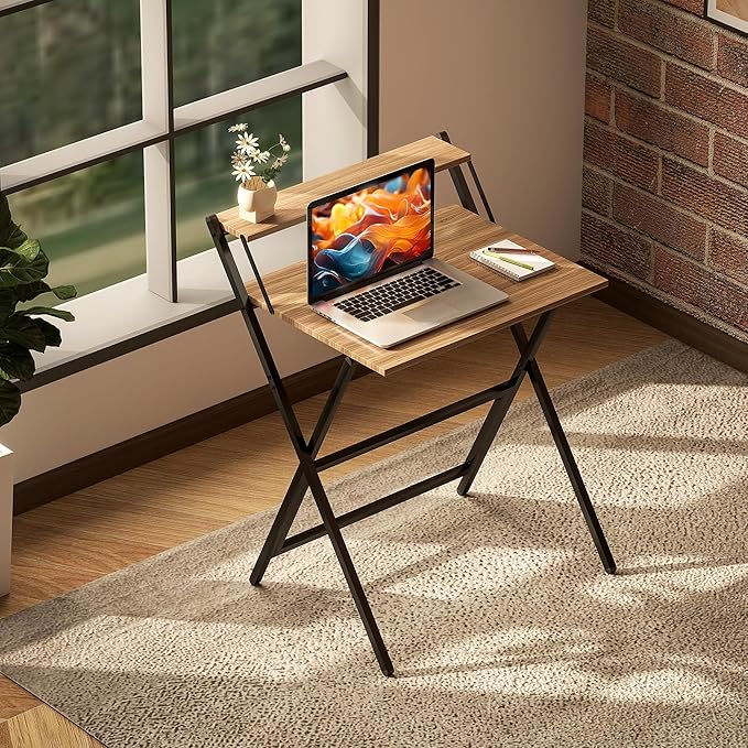 HOMCOM Small Folding Desk 27.6 Inch Foldable Computer Desk with Monitor Shelf Space Saving Portable Writing Table for Small Spaces Home Office Study Easy Assembly Walnut