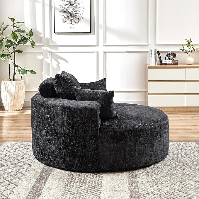 Oversized Round Chaise Lounge Chair Indoor 55W Circle Comfy Armchair with Deep Seat Floor Cloud Boneless Chair Upholstered Modern Cozy Sofa Chairs for Living Room Bedroom(Chenille Black)