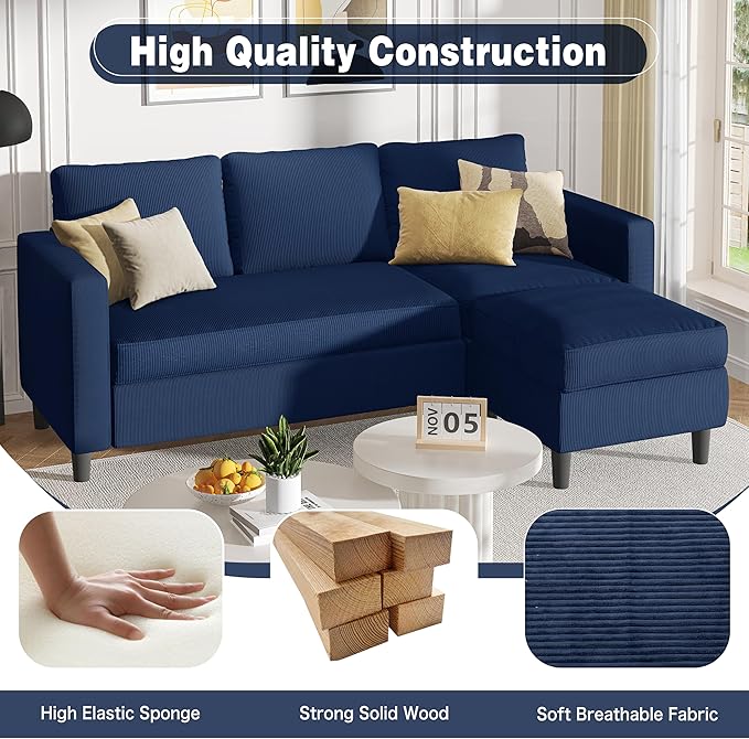 Shintenchi Small Sectional Sofa CouchesL Shape Convertible Sofa with Ottoman3 Seat Comfy Corduroy Upholstered Sofa CouchSmall Couch for ApartmentLiving Room and Office(Blue)