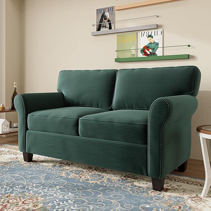57 Loveseat Sofa Mid Century Modern Corduroy Couch with Thick Cushion 2 Seater Small Sofa for Living Room Bedroom Apartment Office Dark Green