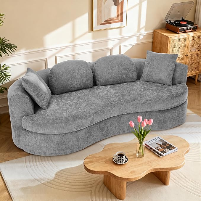 95” Modern Curved Sofa Chenille Fabric Comfy Cloud Couch No Assembly Required Half Moon Couch with Deep Seat 4 Pillows for Living Room Apartment Bedroom