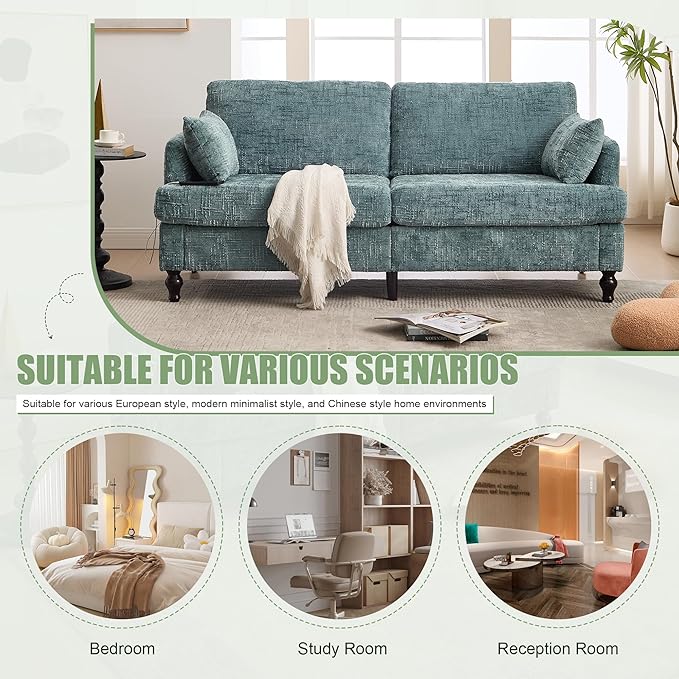 69” Modern Chenille Loveseat Sofa Couch Upholstered 2 Seat Love Seat Deep Seat Small Couch with LED Light and Sturdy Wood Legs for Living Room Bedroom Apartment (Lake Blue)