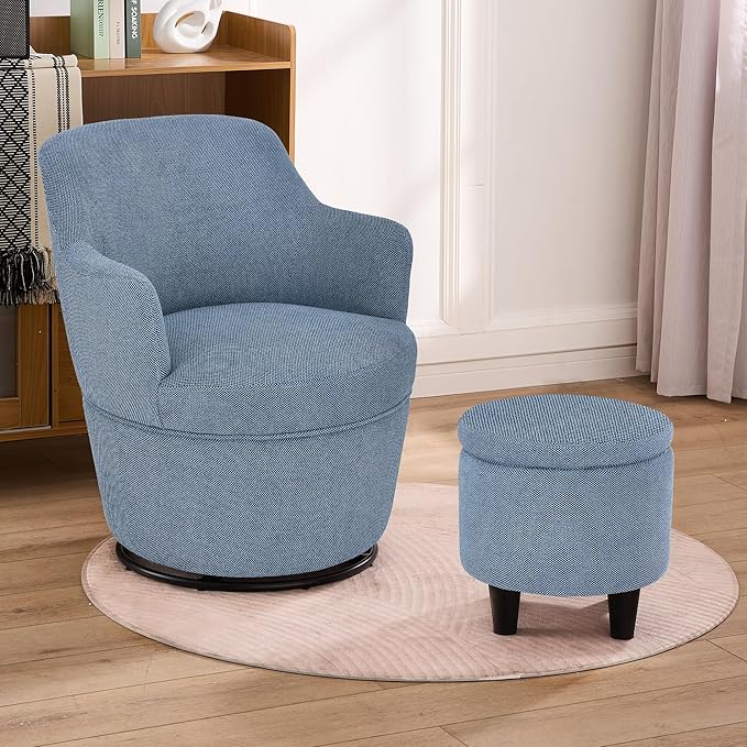 Swivel Accent Chair with Ottoman Fabric Small Barrel Chair with Footstool Modern Round Bedroom Chair for Living Room Blue