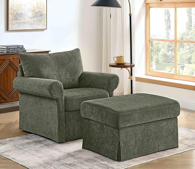 Living Room Chairs with Ottoman Small Accent Chair for Bedroom Single Sofa Couch with Chenille Fabric for Apartment and Small Places (Green)