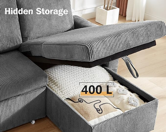 Vipbear 80 Sectional Sleeper Sofa Bed with Pull Out Bed L Shaped Couch Pull Out Couch with Reclining Backrest Reversible Storage Chaise USB Ports Tool-Free Assembly Corduroy Dark Grey