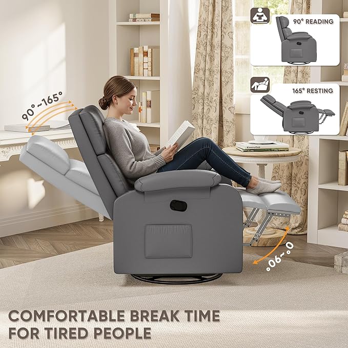 Homall Recliner Chair 360 Swivel Rocking Chair for Adults Massage Nursery Chair with Adjustable Backrest and Footrest PU Leather Glider Rocker Recliners with Side Pocket for Living Room (Grey)