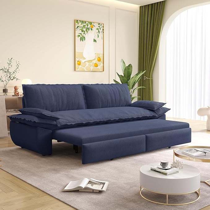 73.2 Sleeper Sofa Bed Queen Size 3-in-1 Convertible Couch Modern Pull Out Couches Comfy Corduroy Futon Sofa Cloud Loveseat Lounge Pillow Arm for Living Room Apartment Dark Blue