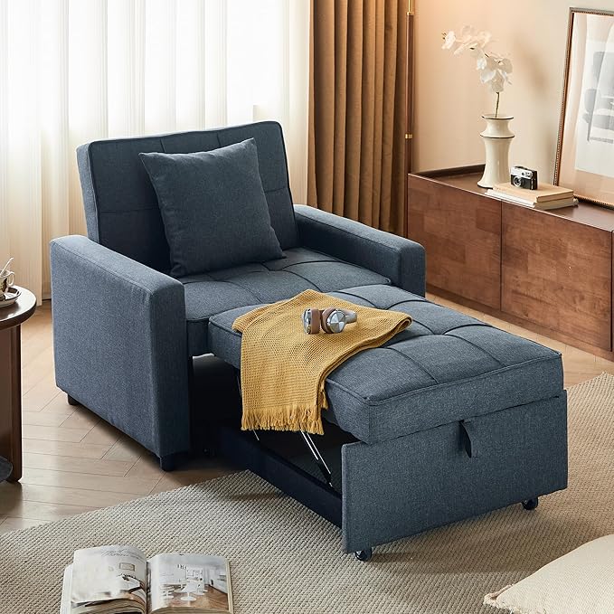 Sofa Bed Chair Convertible Sleeper Sofa with Pull-Out Bed 3-in-1 Futon Couch with Reclining Backrest and Side Pocket (Blue 35.6‘)