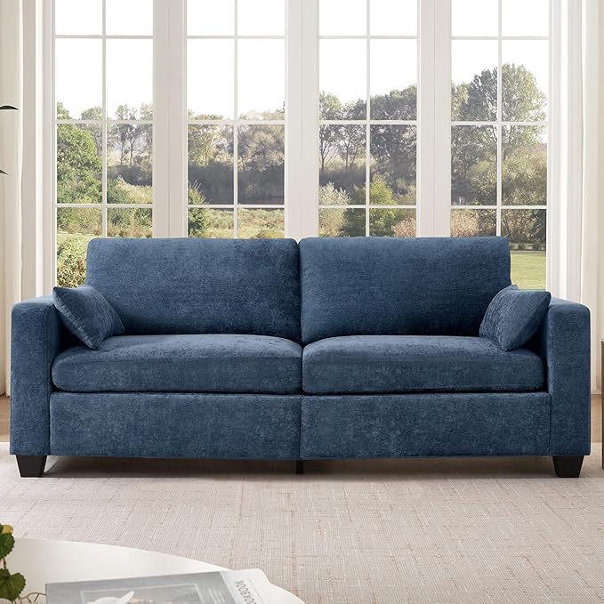 Modern Loveseat Sofa for Living Room Removable Cover Spring Cushions Solid Wood Frame Wide Armrest Chenille Fabric Recliner Couches for Small Space (Blue Chenille 81 inch)