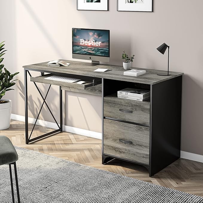 Bestier Office Desk with Drawers 55 inch Industrial Computer Desk with Storage Wood Teacher Desk with Keyboard Tray &amp File Drawer for Home Office Dark Gray Oak