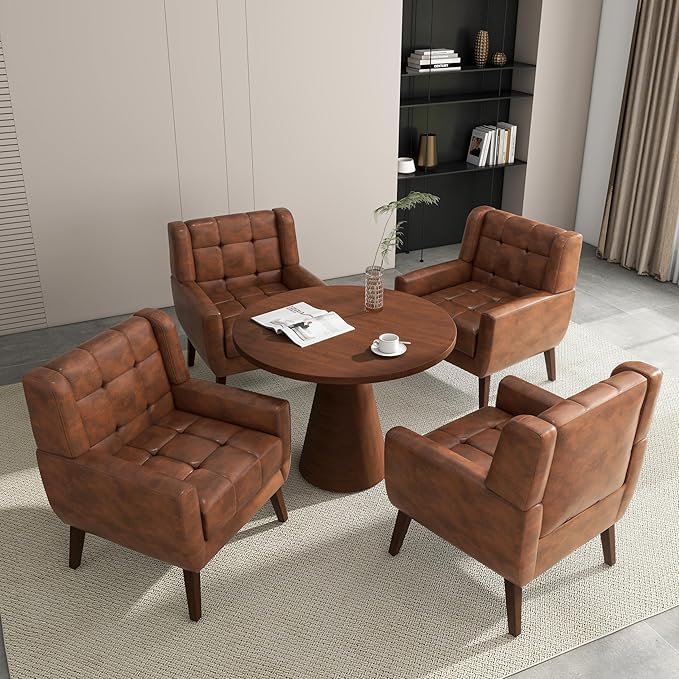 Accent Chair Comfy Mid Century Modern Small Armchairs with Solid Wood Frame and Soft Cushion for Living Room Bedroom (Faux Leather Coffee Set of 2)