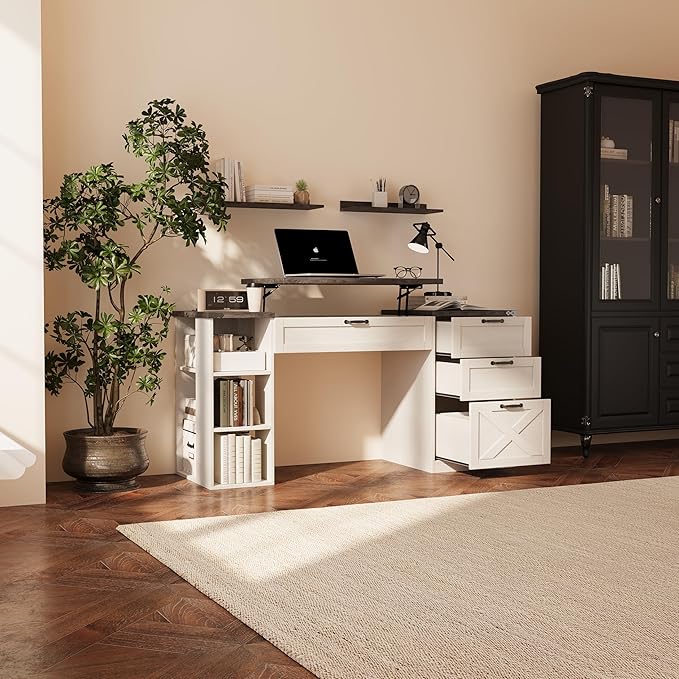 Farmhouse Lift Top Desk: Rustic Wood Standing Desk with 3 Drawers &amp Open Storage Shelves Adjustable Height White &amp Brown Home Office Computer Desk for Work Study Writing (White+Dark Walnut