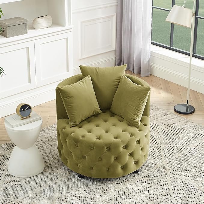 Velvet Upholstered Swivel Chair for Living Room with Button Tufted Design and Movable Wheels Including 3 Pillows Khaki Green