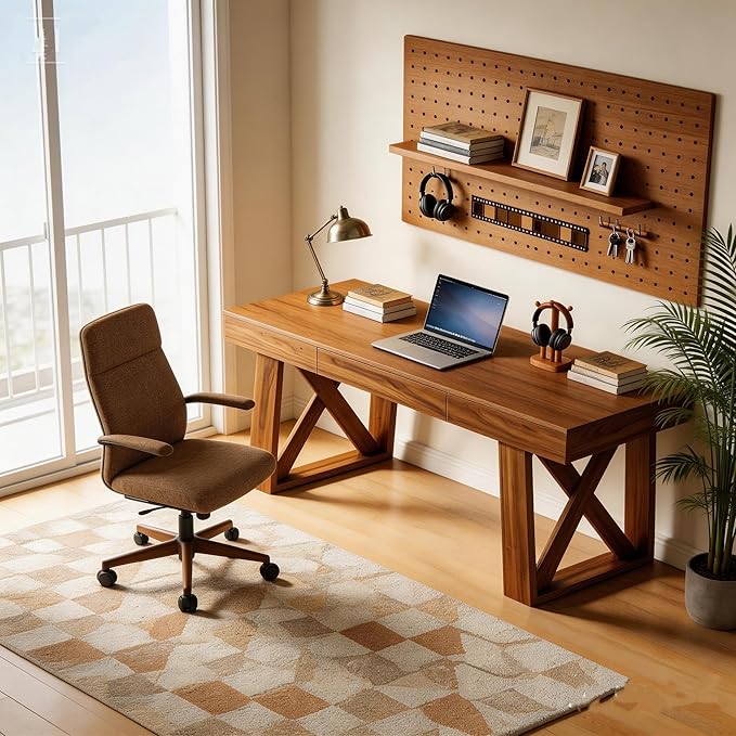 Tribesigns 55 Inch Walnut Computer Desk with Drawer Mid-Century Farmhouse Executive Desk Rustic Wide Desktop Home Office Desk for Workstation