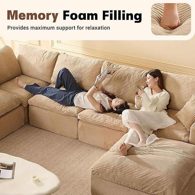 137.8” Sectional Couches for Living Room Set of Cloud Couch Modular Sectional Sofa Convertible Sofas Bed Deep Seat Sofa Sleeper Sofa Full Size Corduroy Camel