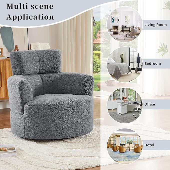 Swivel Accent ChairBedroom Barrel Chairs with Seat CushionModern 360° Soft Berber Fleece Fabric Circle Chair with Adjustable Headrest for Living Room (Grey)