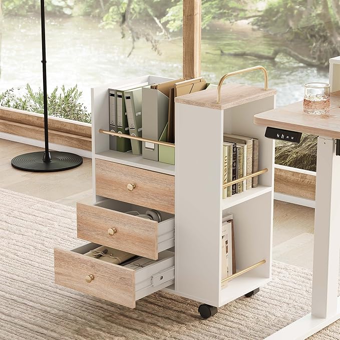 3 Drawer Mobile File Cabinet Wood Rolling Filing Cabinet with Lockable Wheels Utility Cart with Open Storage Shelves Home Office Fits A4/Legal 19.7 x 11.8 x 26.3 Light Walnut