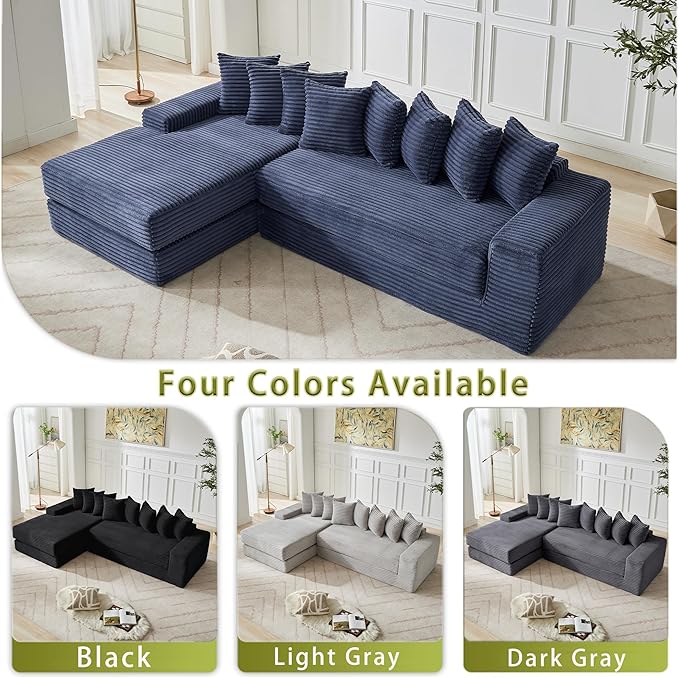 110 L-Shaped Sectional Couch with Chaise Lounge Plush Corduroy Oversized Convertible Floor Sofa Couch with 8 Pillows Modern Deep Seat Boneless Couches for Living Room (Blue 110 + Left Chaise)