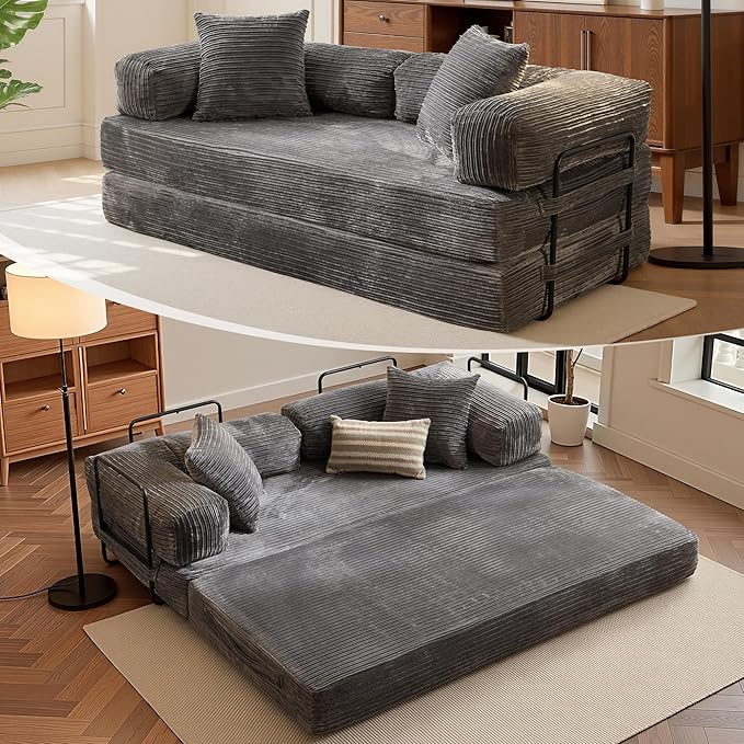 81″ Convertible Sleeper Sofa Bed with Pillows Corduroy Foldable Mattress Couch with Fixed-Shape Frame Futon Sofa Bed Boneless Couch for Living Room Bedroom Lounge Studio Gray