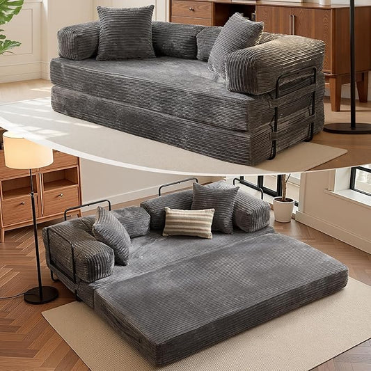 81″ Convertible Sleeper Sofa Bed with Pillows Corduroy Foldable Mattress Couch with Fixed-Shape Frame Futon Sofa Bed Boneless Couch for Living Room Bedroom Lounge Studio Gray
