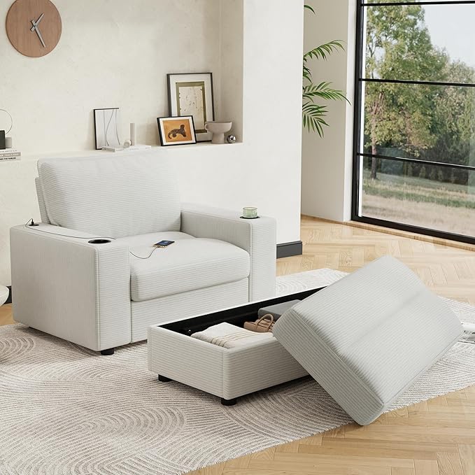 42.8 Oversized Chaise Lounge Chair with Storage Ottoman Corduroy Sofa Bed with Cup Holders &amp USB Charging Port Upholstered Sleeper Chair for Living Room BedroomBeige