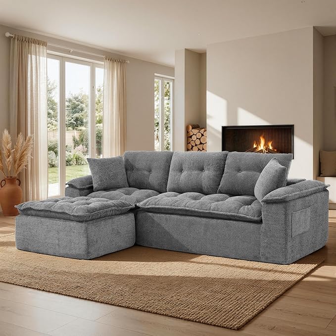 110 Modular Sectional Sofa Cloud Sectional Couch with Ottoman Modern L Shaped Sofa with Deep Seat Upholstered Boneless Couch for Living Room with Layered Cushion No Assembly Grey