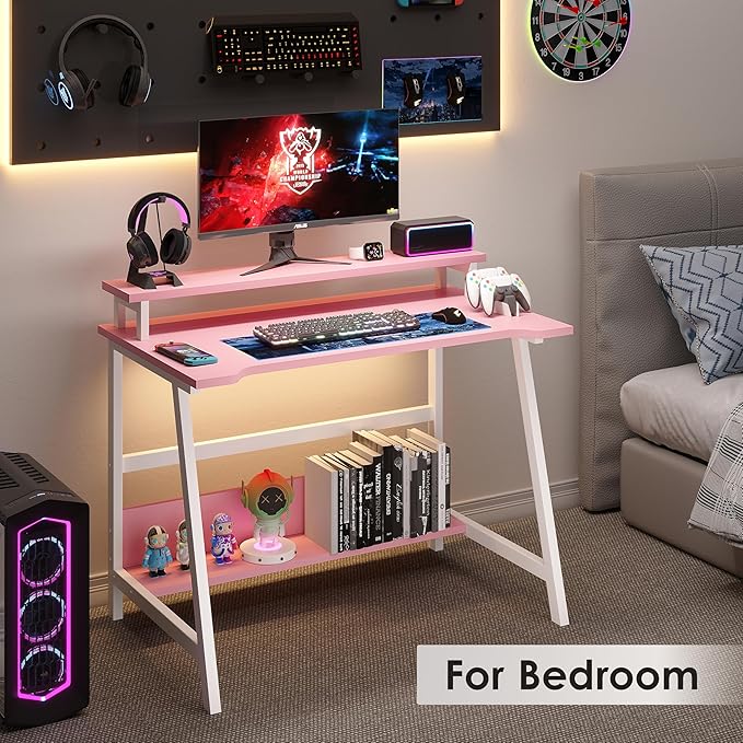 ALISENED 31.5 Inch Small Office Desk with Storage Small Desk for Small Spaces Compact Home Office Desk Mini Study Desk for Bedroom Pink