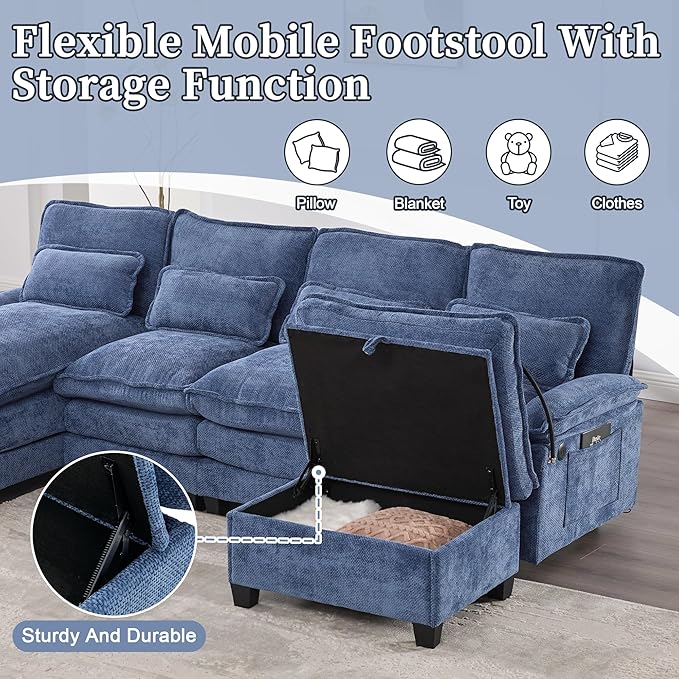 U Shape Sectional Sofa Cloud Couch 106.7 Modern Chenille Comfy Modular Couch with Storage Ottoman 4 Seat Upholstery Sofas with USB Port &amp Phone Holder for Living Room Navy Blue