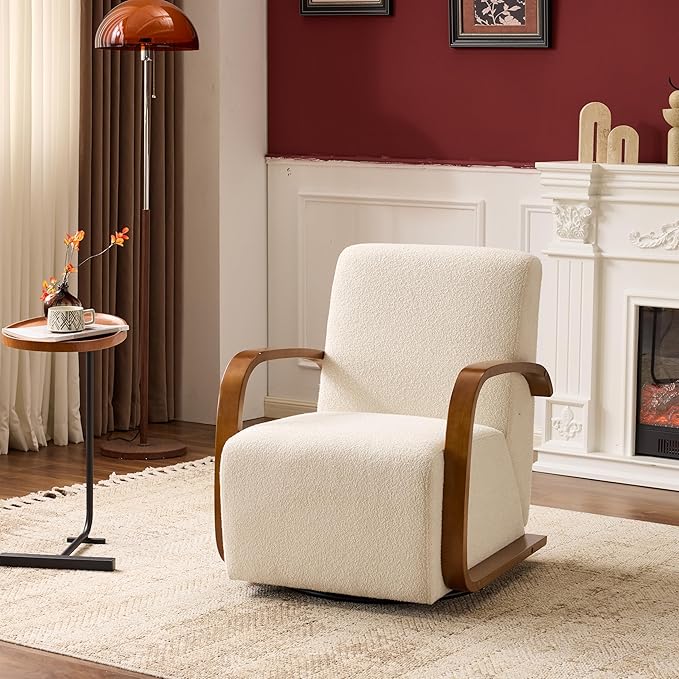 Modern Comfortable Reading Chair360°Swivel Accent Chair with Solid Wood Curved ArmsElegant Knit Linen Single Sofa for Living RoomBedroomOfficeReading NookBeige