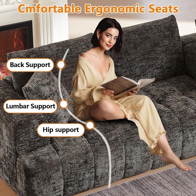 Luxury 108 L Shape Boneless Couches for Living Room Chenille Modular Sectional Cloud Sofa Couch W/Deep Seat &amp Pillows Memory Foam Couch W/Oversized Chaise (Brown Left Facing Chaise)