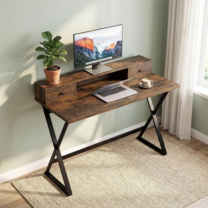 Manora Computer Desk with Drawers and Monitor Stand 47 Home Office Desk with Storage Shelf Rustic Brown Writing Study Table with Metal Frame for Bedroom Workstation for Laptop PC