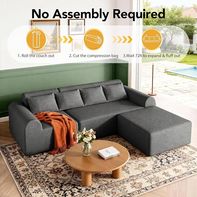 Rengue 105.5 Cloud Boneless Sectional Sofa for Living Room 4-Seater L-Shaped Comfy Couch with Ottoman 4 Pillows Deep Seat Chenille Sofa No Assembly Required (Dark Grey) 72h to Restore