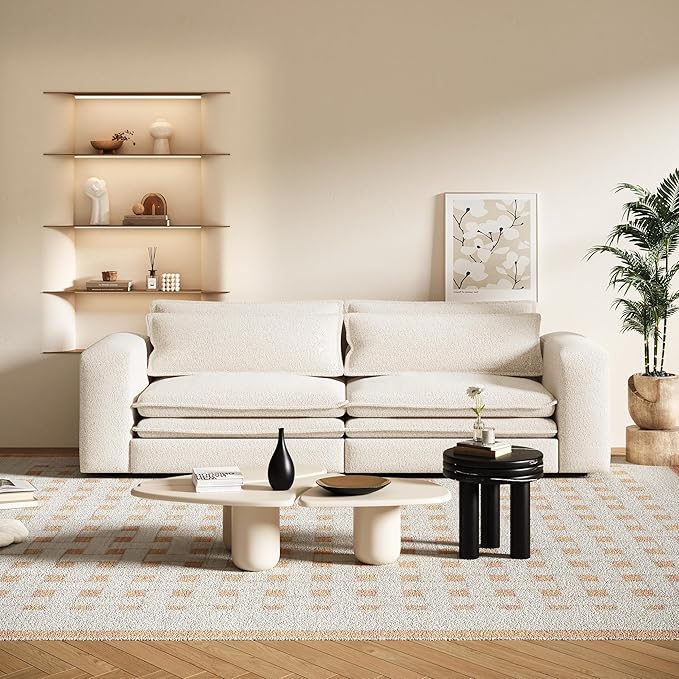93 King Pull Out Sofa Bed 3 in 1 Convertible Sleeper Sofa Couch Comfy 3 Seater Sleeper Bed with 2 Pillows Modern Upholstered Teddy Futon Couches for Living Room Bedroom Apartment Beige