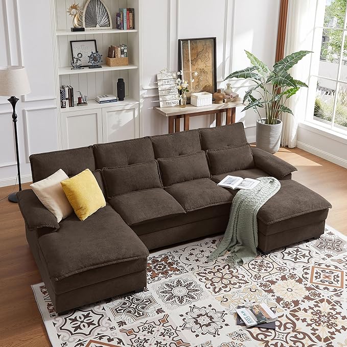 Comfy Cloud Couch Sectional Sofa with Lumbar Pillows Modern U-Shaped Cloud Sofa with Double Chaise &amp Deep Seat 4 Seat Sectional Couch for Living Room or Office Easy Assembly Dark Coffee