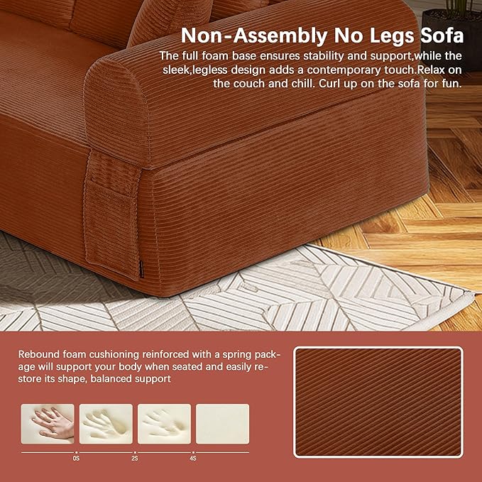 83 Modern Sofa in a Box No Assembly Oversized 3 Seater 28 Deep Seat Cloud Sofa Bed Couch with 4 Furry Pillows &amp Corduroy Fabric Boneless Couch with Side Storage Pockets for Living Room Orange