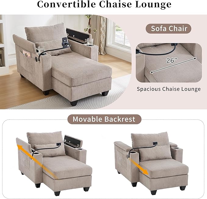 37.4 Convertible Chaise Lounge Corduroy Sleeper Sofa Chair with USB Ports Two Cup Holders Phone Holder and Ample Storage Space for Living Room and Bedroom Brown