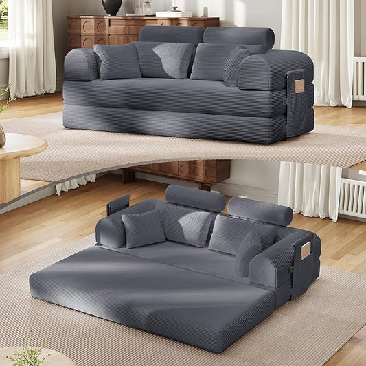 2026 Upgrade Convertible Sofa Bed 79 Inch Boneless Couch with Fixed-Shape Frame Corduroy Fabric with High Backrest Floor Sofa Modular Futon Couch for Living Room Bedroom Lounge (Dark Grey) | High B