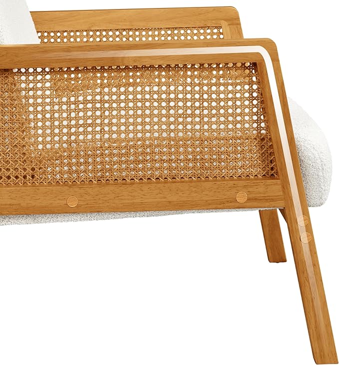 Yaheetech Boucle Fabric Accent Chair Vintage Rattan Vanity Chair with Wood Armrest and Legs for Living Room Bedroom Makeup Room Ivory 1