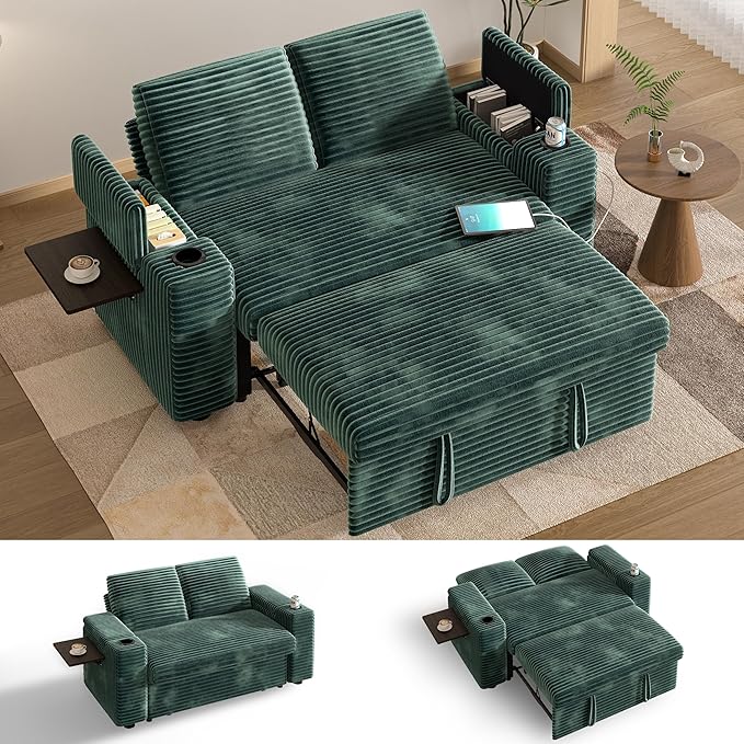 Vipbear 65 Loveseat Sleeper Sofa with Pull Out Bed Plush Corduroy 3-in-1 Convertible Sofa Bed with Reclining Backrest|USB Ports|Cup Holders|Side Table|Storage Armrests Tool Free Assembly Green